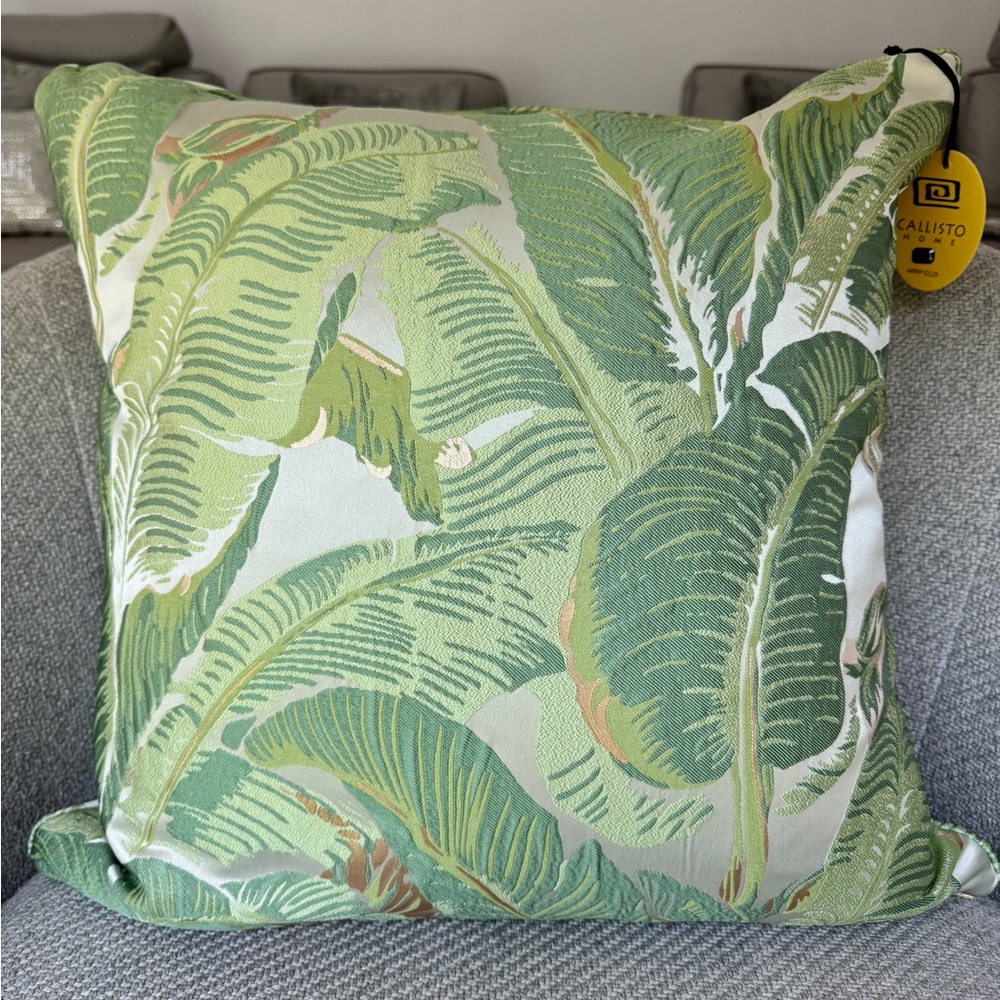 Callisto Home Palm Leaves 24x24 Green Beige Metallic Gold Pattern Decor Pillow
